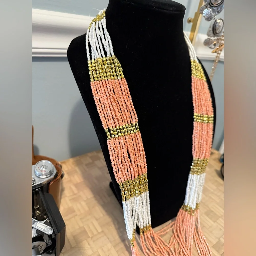 Elegant Beaded Necklace in Coral, White and Gold About 40 inches at its longest